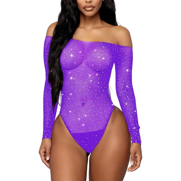 Women Violets Lingerie Fishnet Teddy Sparkle Rhinestone One Piece Mesh Bodysuit - Picture 1 of 5